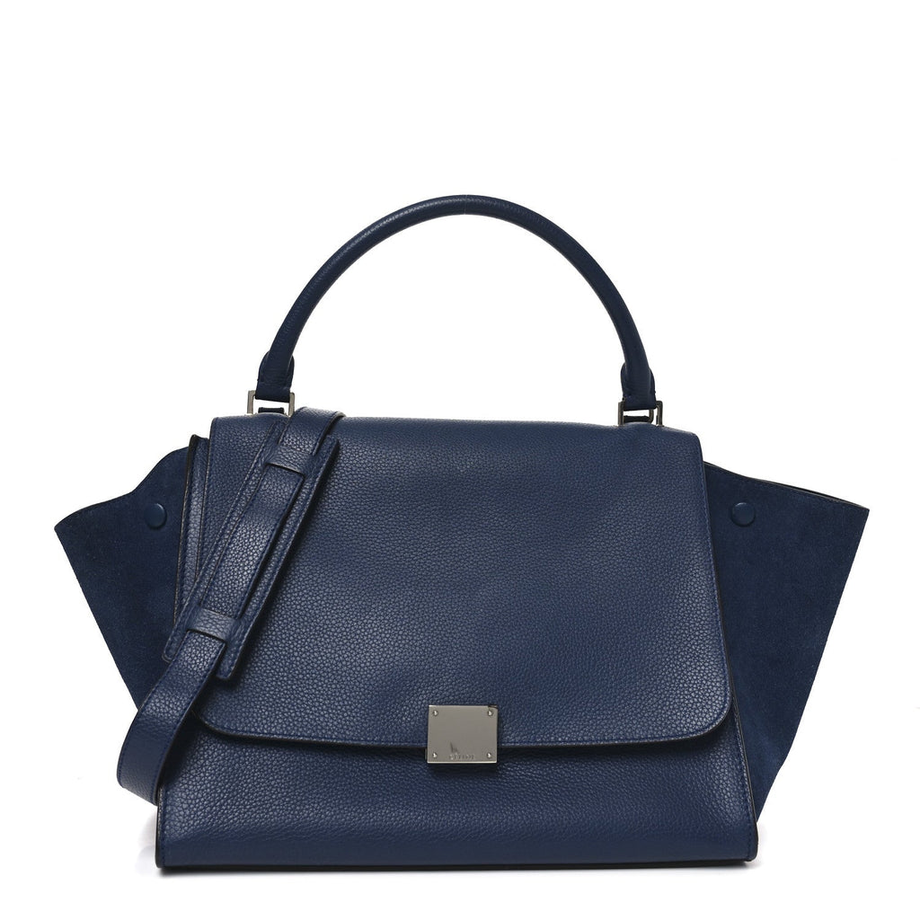 Drummed Calfskin Suede Medium Trapeze Navy Blue
