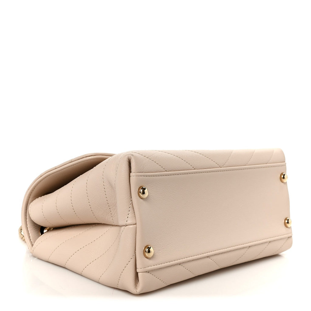 Grained Calfskin Stitched Small Chevron Chic Top Handle Flap Beige