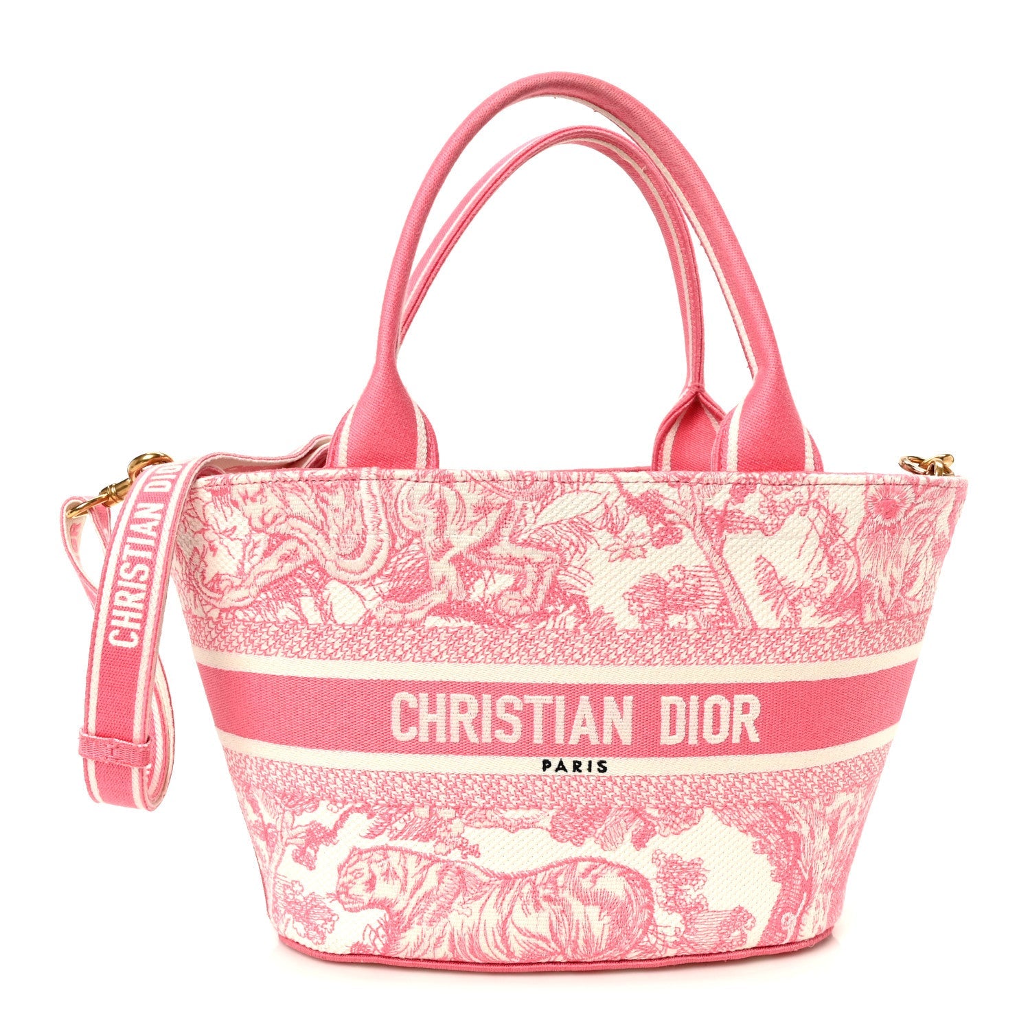 Canvas Embroidered Dioriviera Toile De Jouy Panier Chapeau Tote Peony Pink