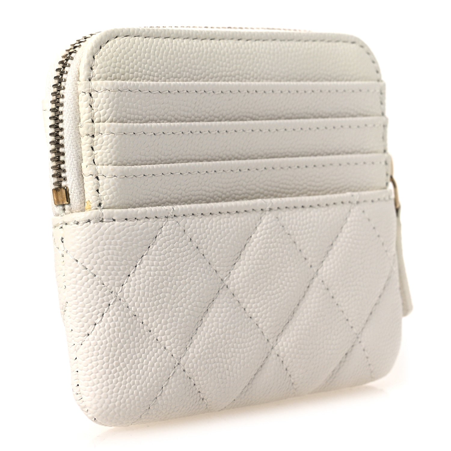 Caviar Quilted Zip Card Holder Wallet White