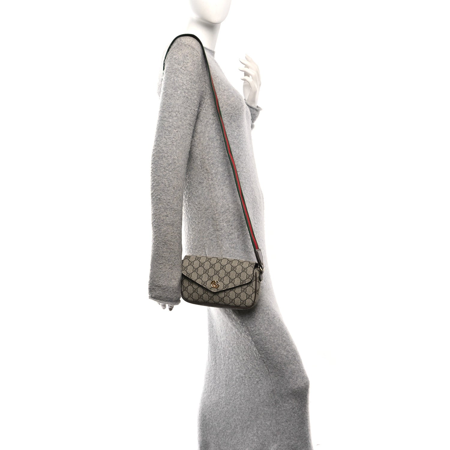 GG Supreme Monogram Textured Dollar Calfskin Web Mini Ophidia Envelope Shoulder Bag Beige Mystic White Oatmeal