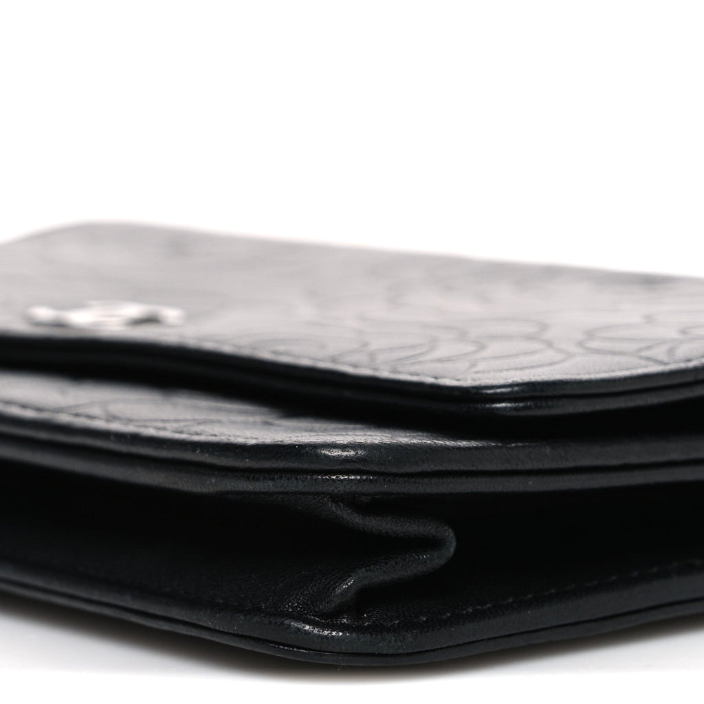 Lambskin Camellia Embossed Wallet on Chain WOC Black