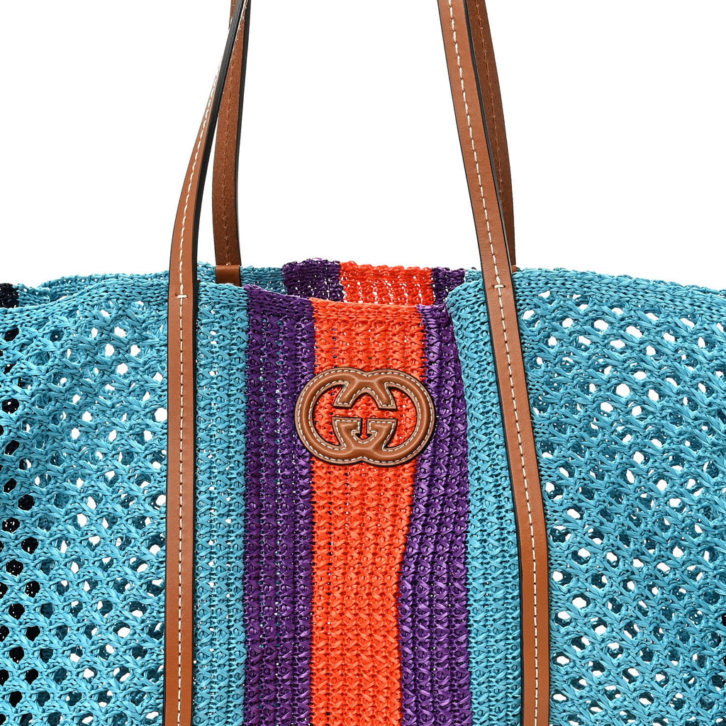 Raffia Web Woven Interlocking G Tote Blue Multicolor