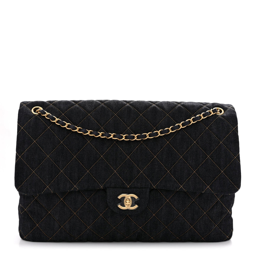 Denim Quilted XXL Travel Flap Bag Dark Blue Orange