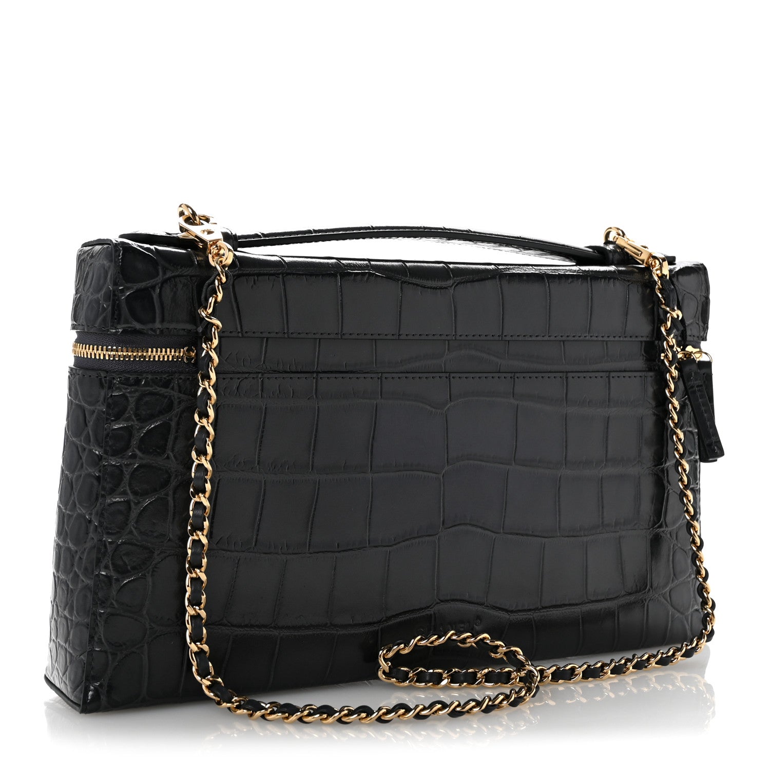 Calfskin Crocodile Embossed Top Handle Vanity Case With Chain Blurgundy Grey