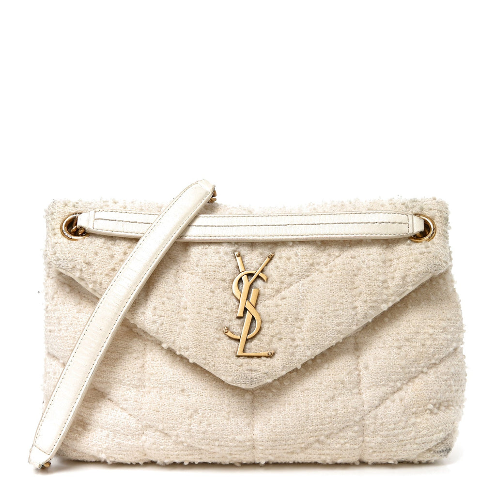 Boucle Tweed Quilted Small Loulou Puffer Monogram Chain Satchel Crema Soft