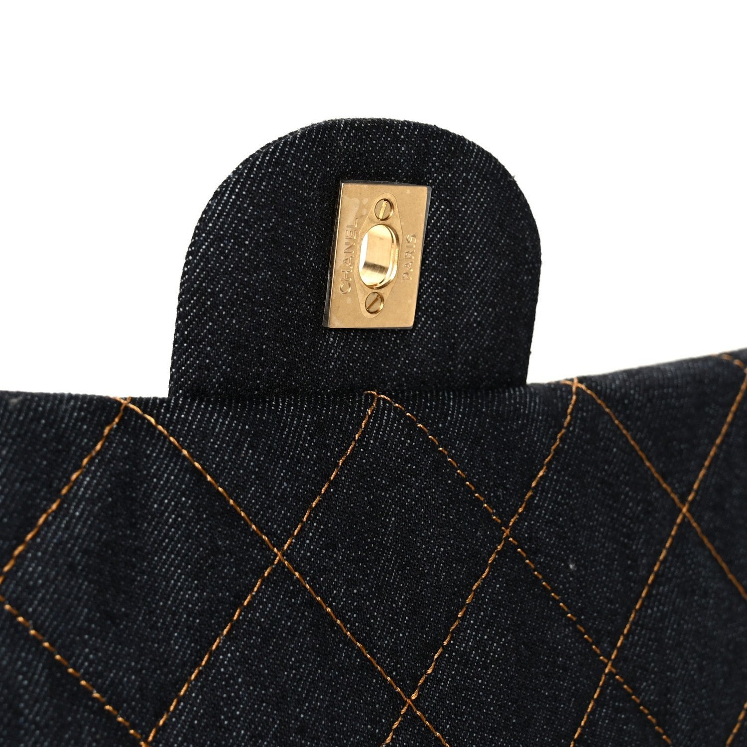 Denim Quilted XXL Travel Flap Bag Dark Blue Orange