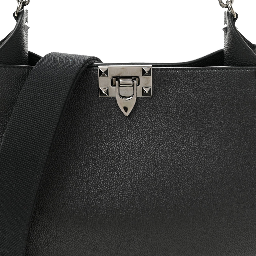 Grained Calfskin Rockstud Hobo Shoulder Bag Black