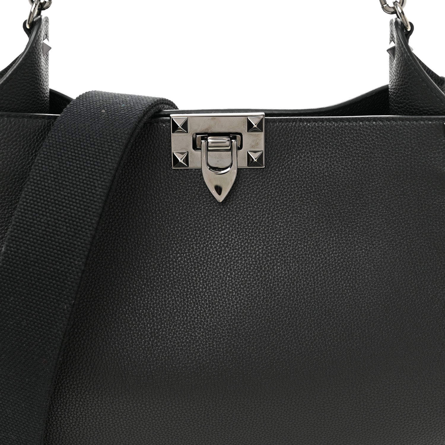 Grained Calfskin Rockstud Hobo Shoulder Bag Black
