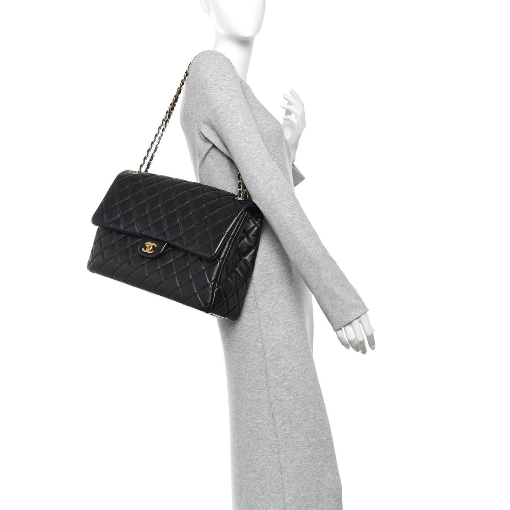 Calfskin Quilted XXL Travel Flap Bag Black