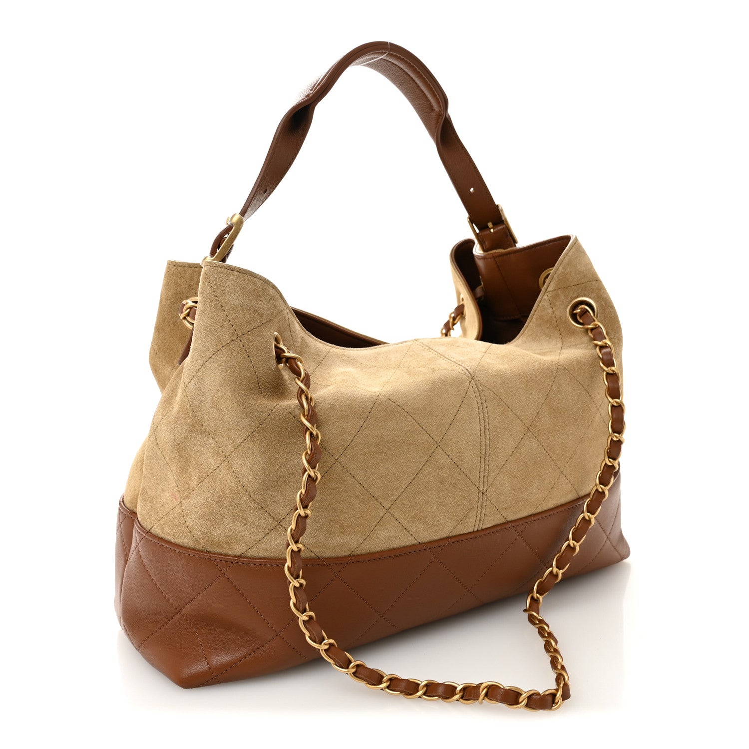 Suede Calfskin Shiny Lambskin Quilted Small Coco Base Shopping Bag Beige Camel