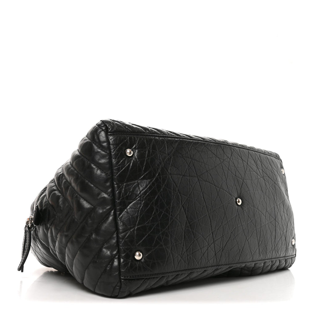 Aged Calfskin Chevron Large Soft Bowling Bag Black