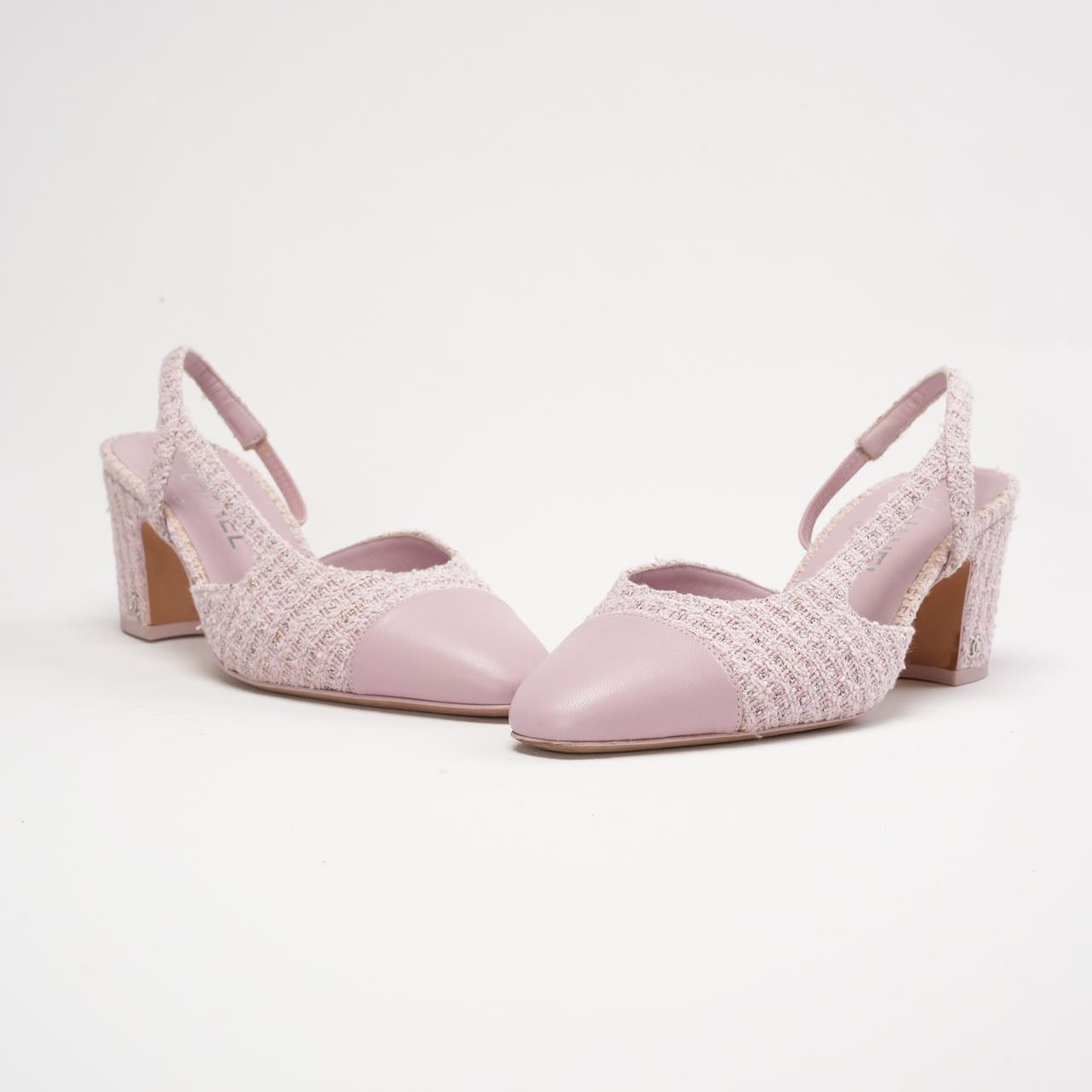 Chanel Tweed/Leather Slingback Pumps Pink 38