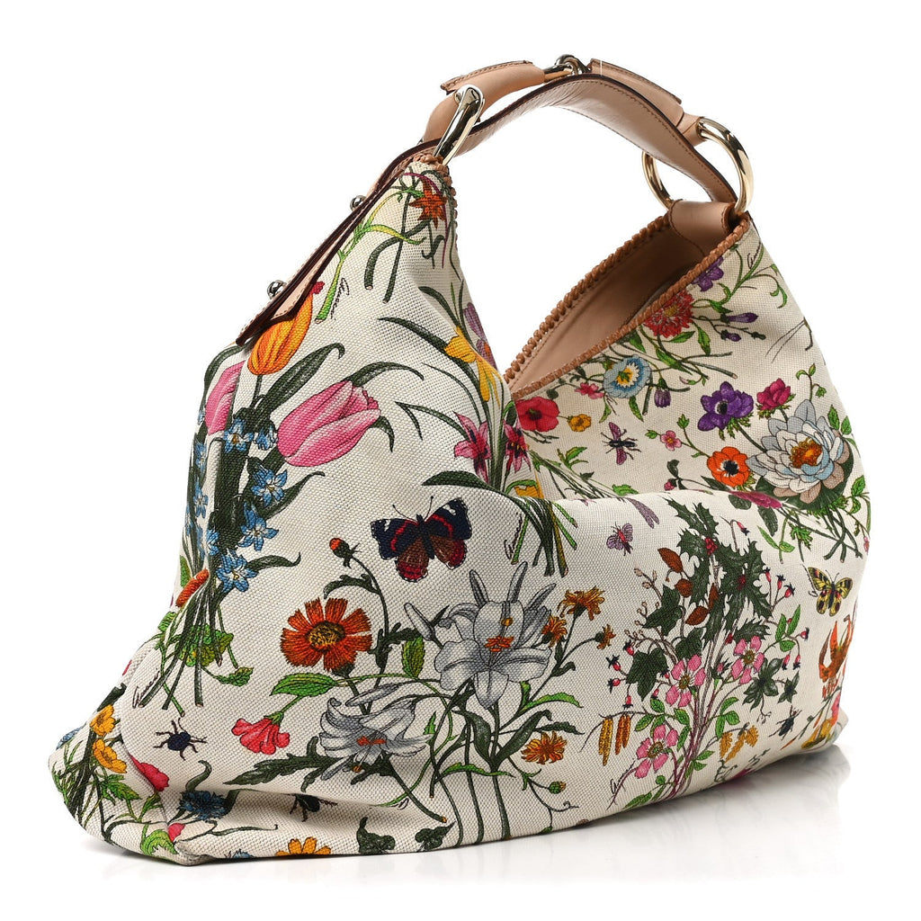 Canvas Flora Floral Large Horsebit Chain Hobo White