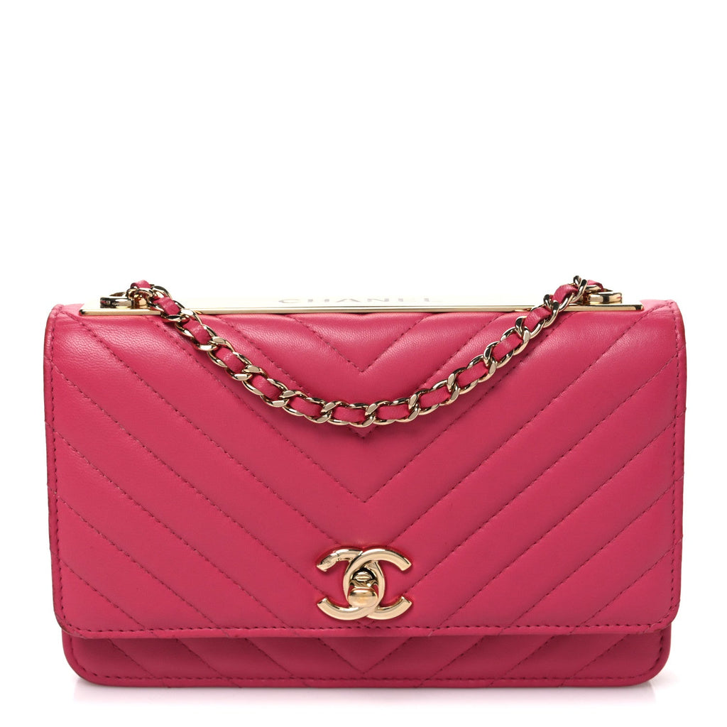 Lambskin Chevron Quilted Trendy CC Wallet On Chain WOC Dark Pink