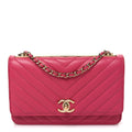 Lambskin Chevron Quilted Trendy CC Wallet On Chain WOC Dark Pink