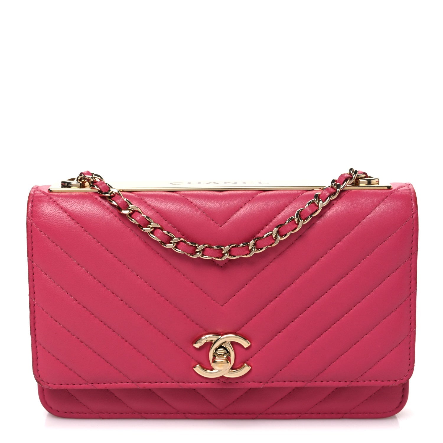 Lambskin Chevron Quilted Trendy CC Wallet On Chain WOC Dark Pink
