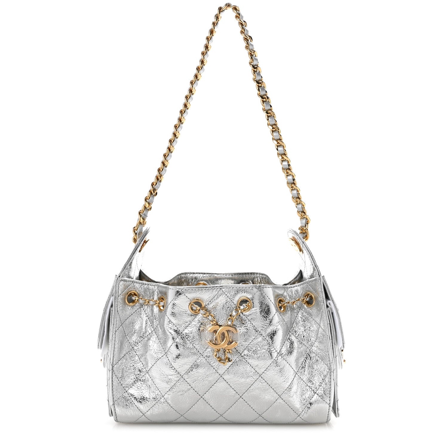 Metallic Aged Calfskin Quilted Mini Chanel 25 Handbag Silver