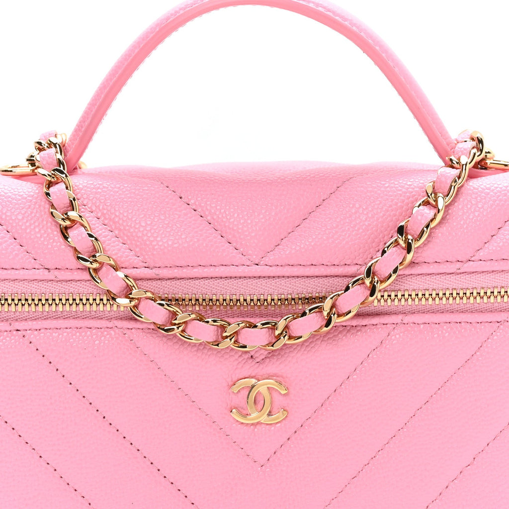 Shiny Caviar Chevron Quilted Top Handle Vanity With Chain Burgundy Rose
