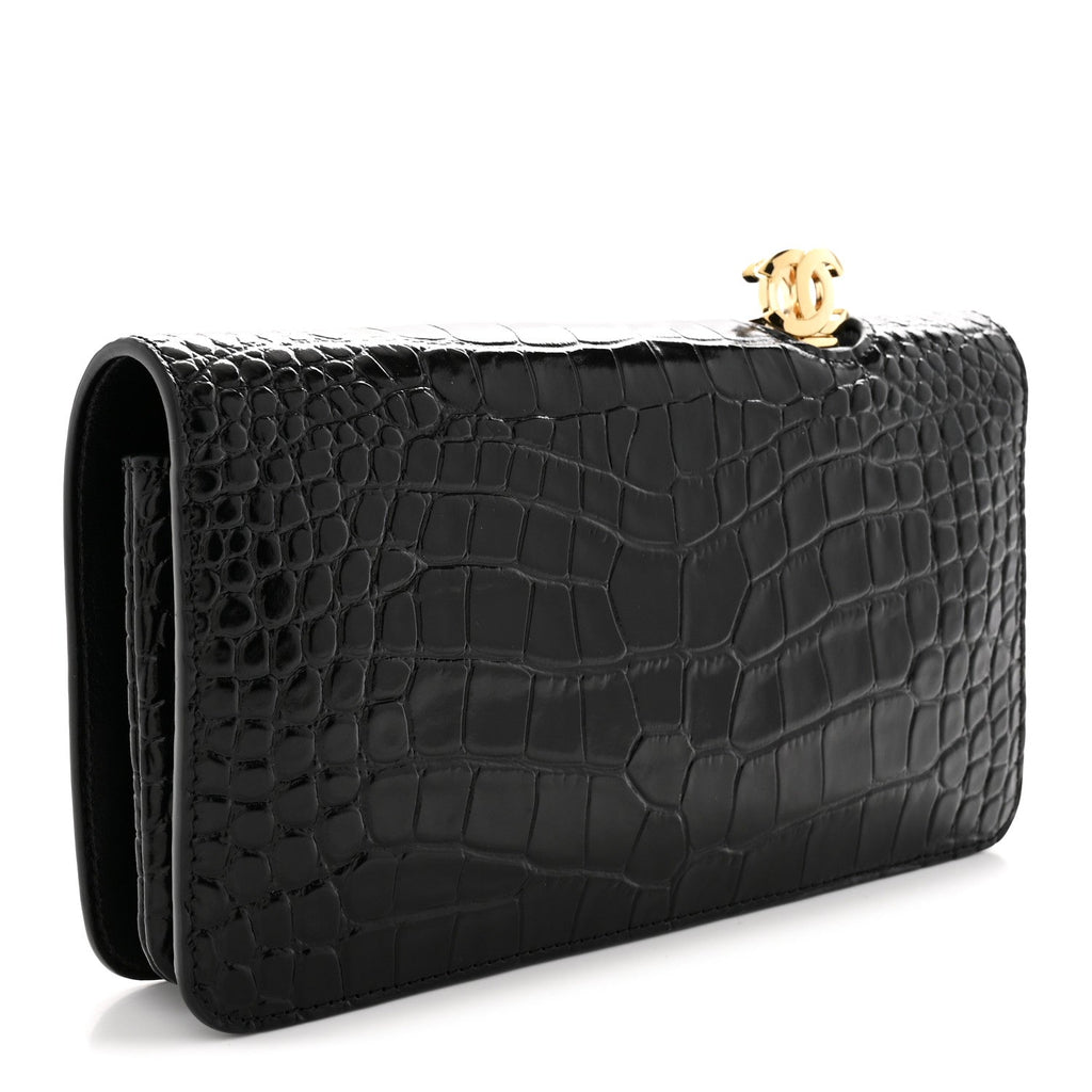 Calfskin Crocodile Embossed CC Clutch Black