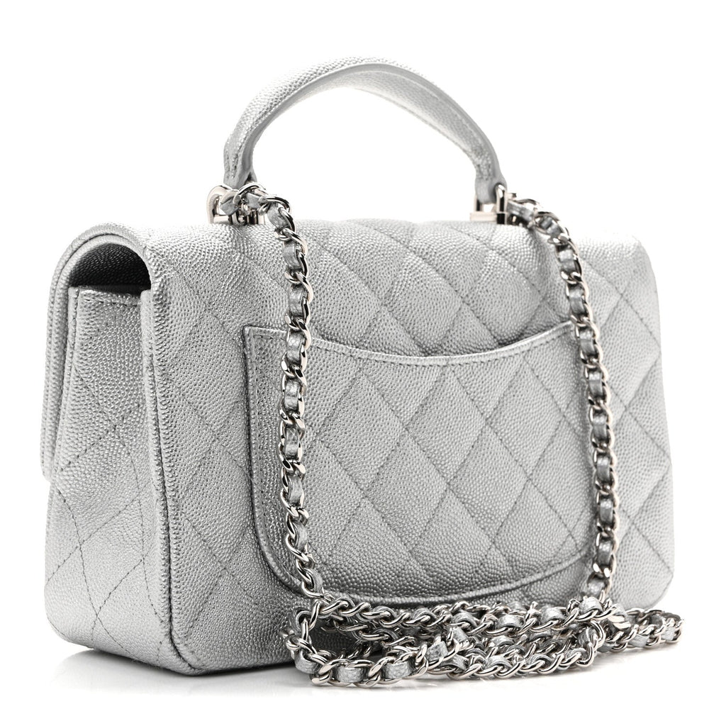 Metallic Caviar Quilted Mini Top Handle Rectangular Flap Silver