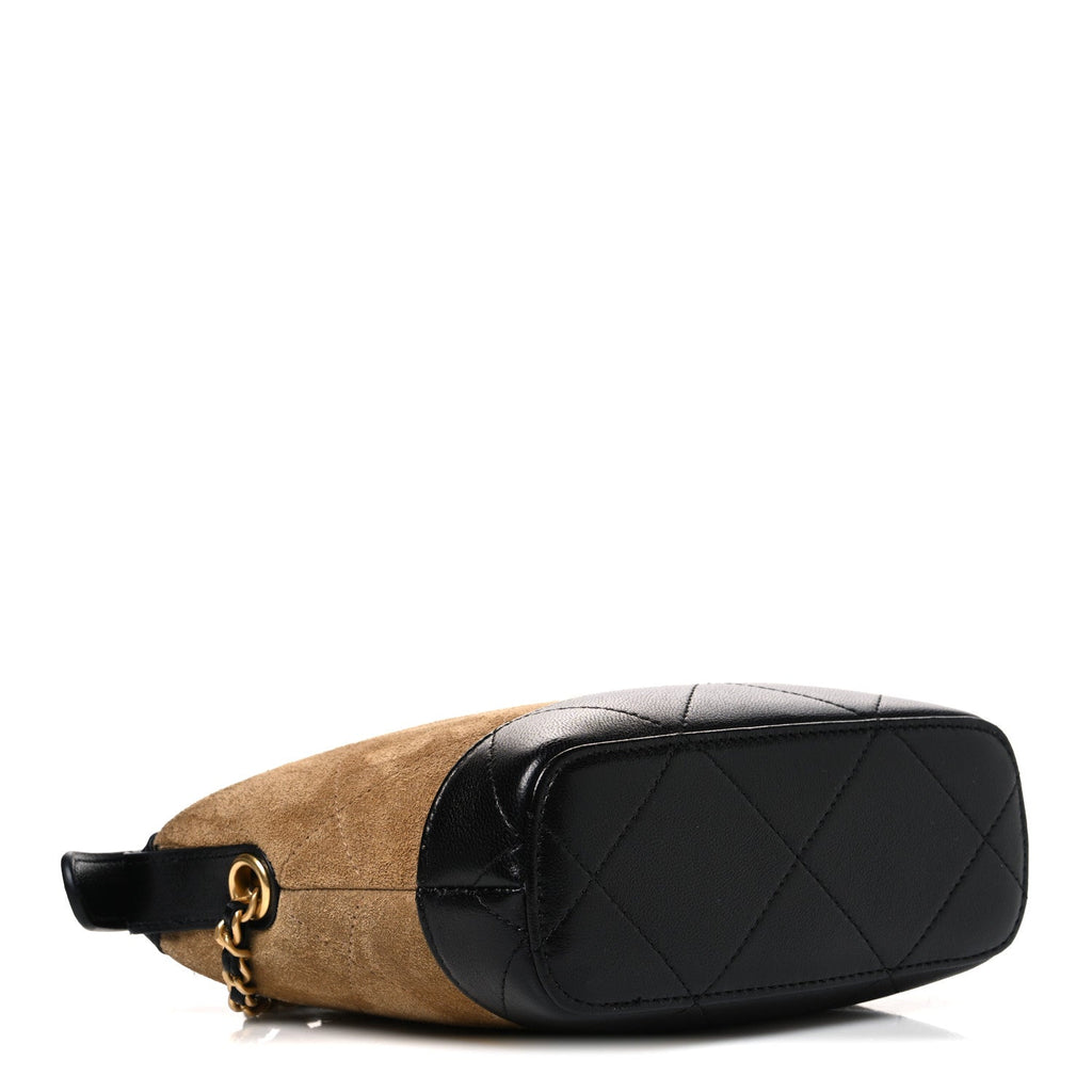 Suede Calfskin Shiny Lambskin Quilted Coco Base Hobo Clutch With Chain Beige Black