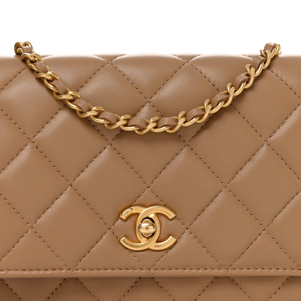 Lambskin Quilted CC Pearl Crush Wallet on Chain WOC Beige