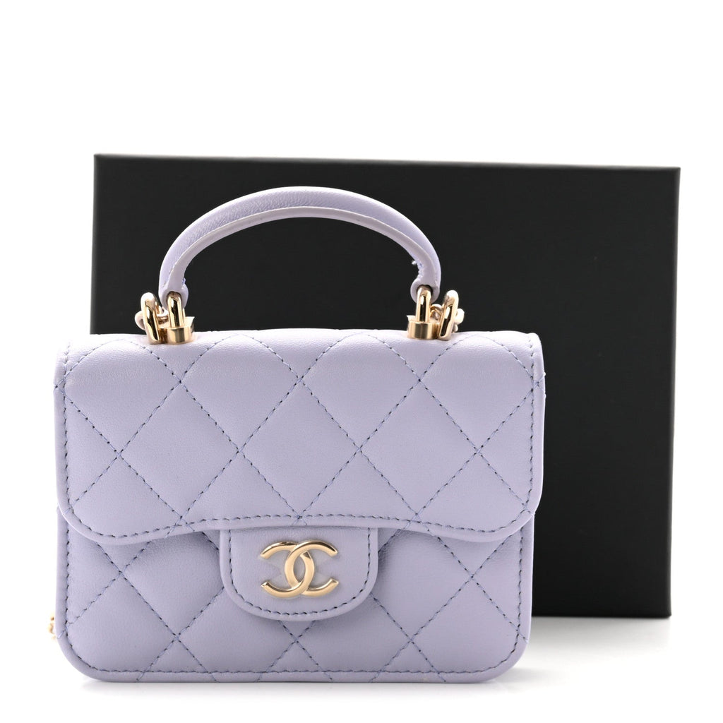 Lambskin Quilted Top Handle Flap Coin Purse With Chain Light Purple