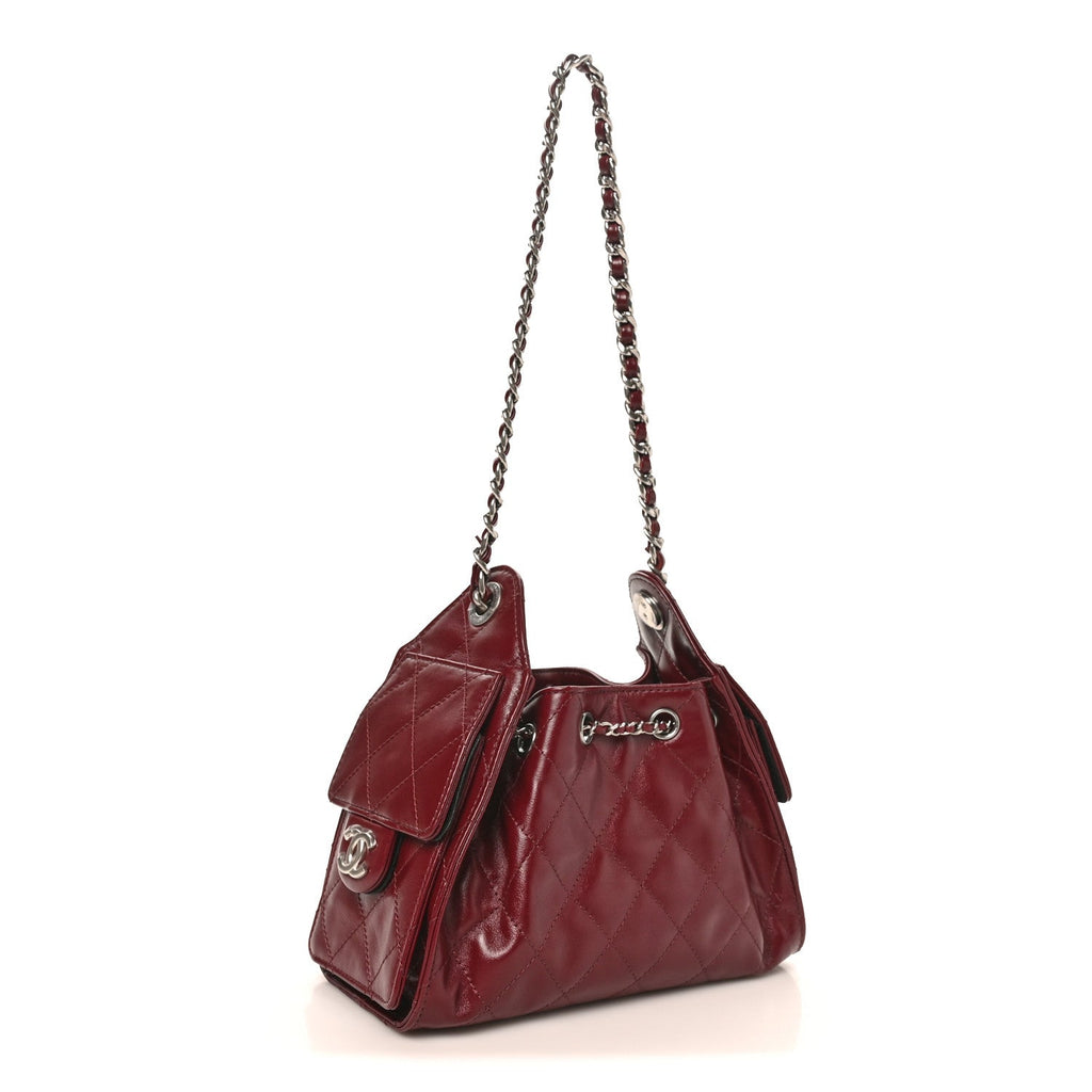 Shiny Crumpled Calfskin Quilted Mini Chanel 25 Handbag Dark Burgundy