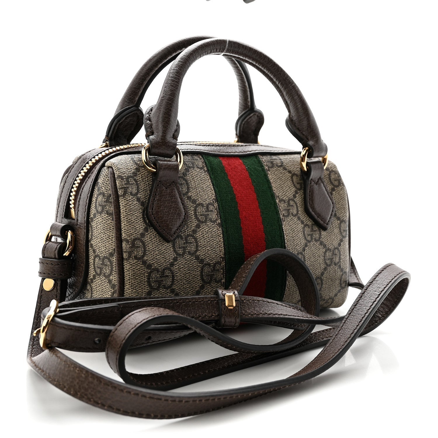 GG Supreme Monogram Textured Dollar Calfskin Web Super Mini Ophidia Top Handle Bowler Bag Beige Ebony New Acero