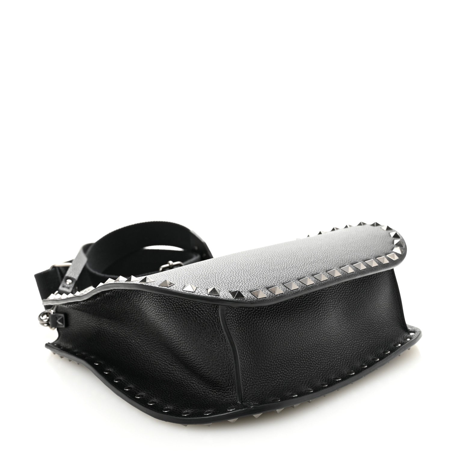 Grained Calfskin Rockstud Hobo Shoulder Bag Black