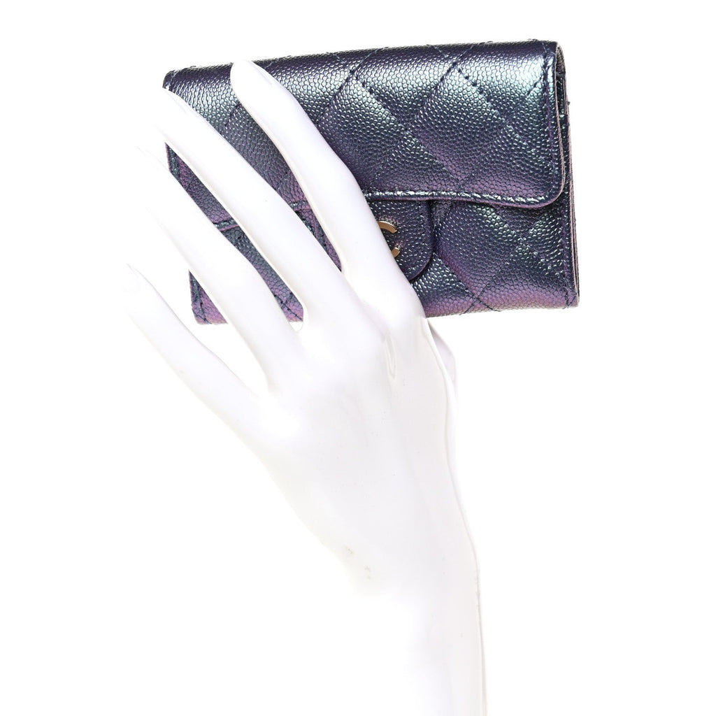 Iridescent Caviar Flap Quilted Card Holder Wallet Purple