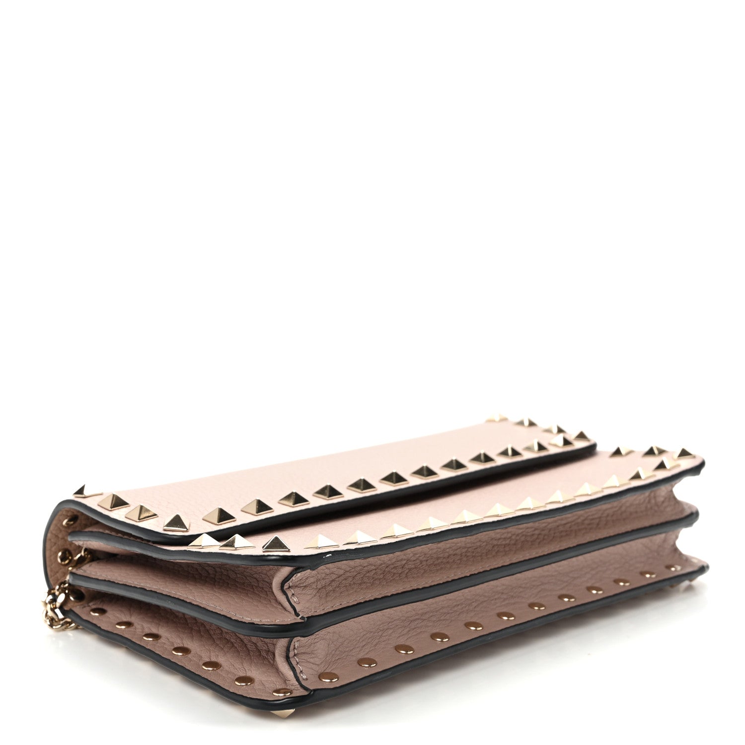Pebbled Calfskin Rockstud Flap Wallet On Chain Poudre