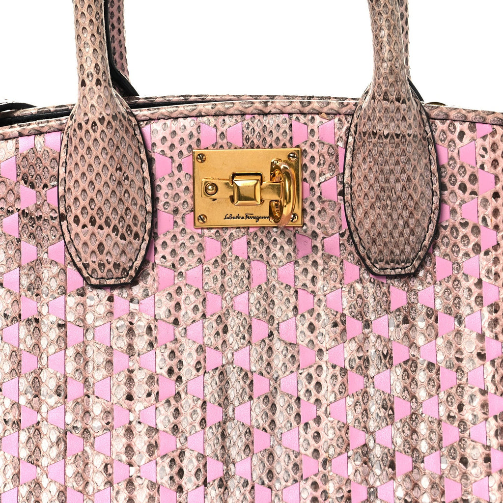 Calfskin Snakeskin Woven The Studio Box Tote Pink Brown