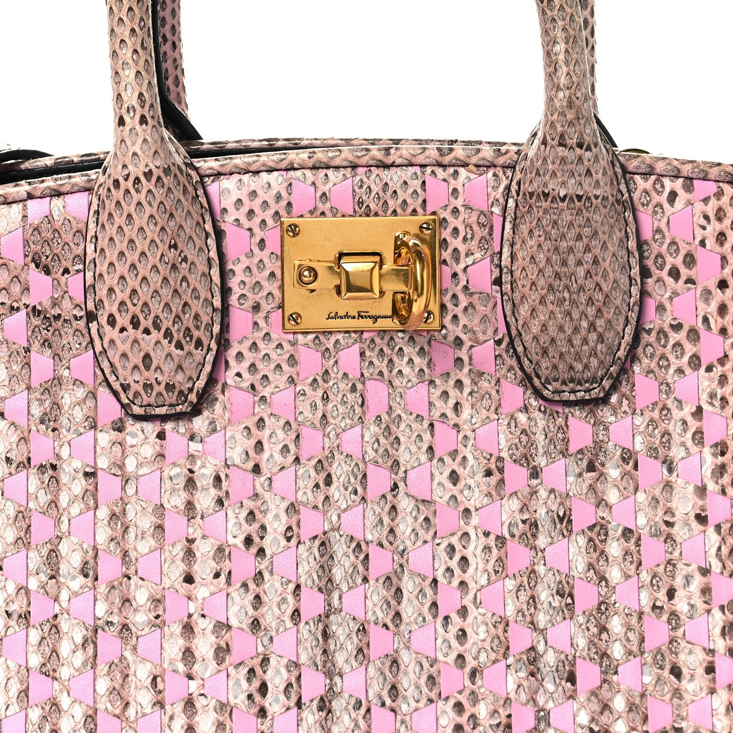 Calfskin Snakeskin Woven The Studio Box Tote Pink Brown