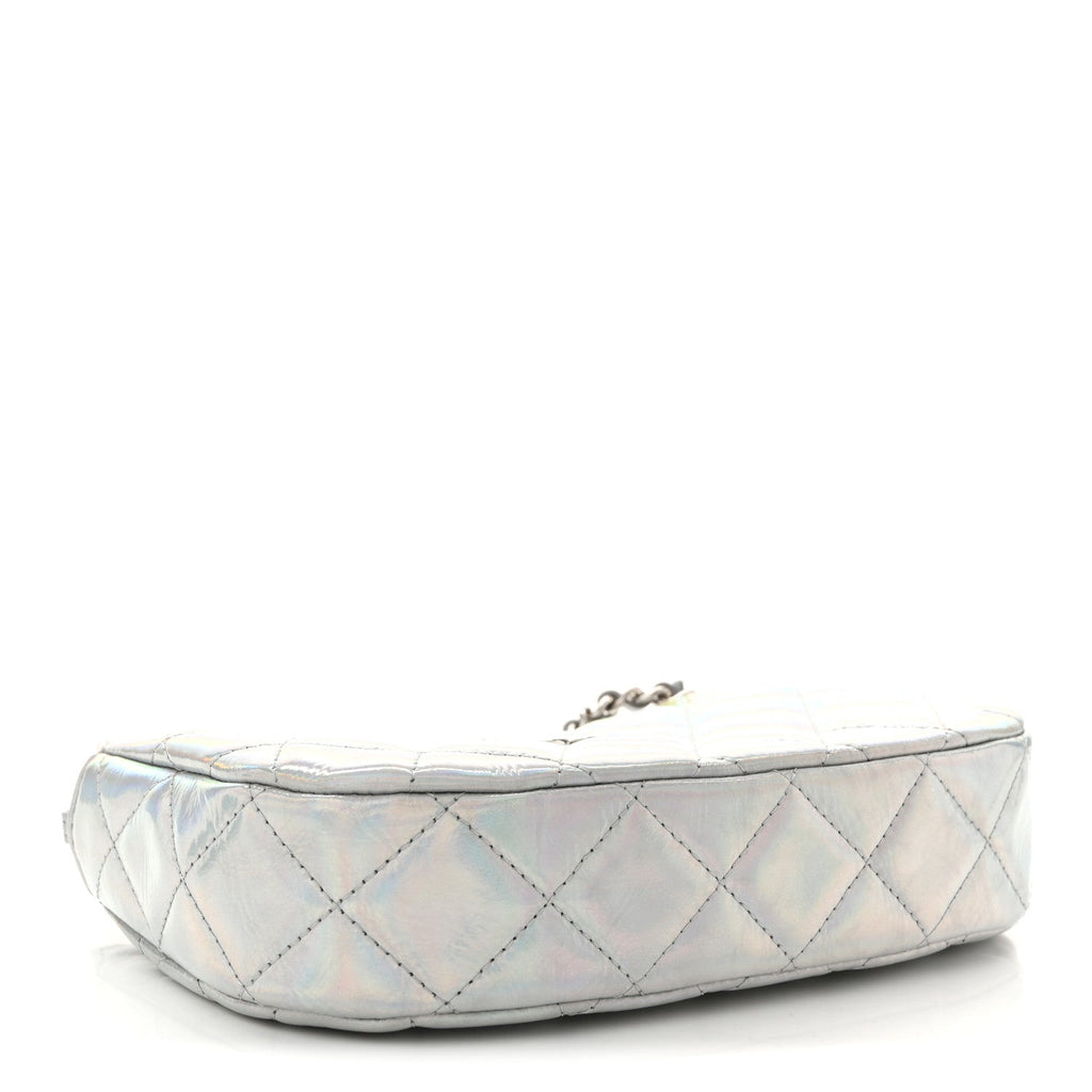 Iridescent Mirror Goatskin Quilted Clutch With Chain Silver