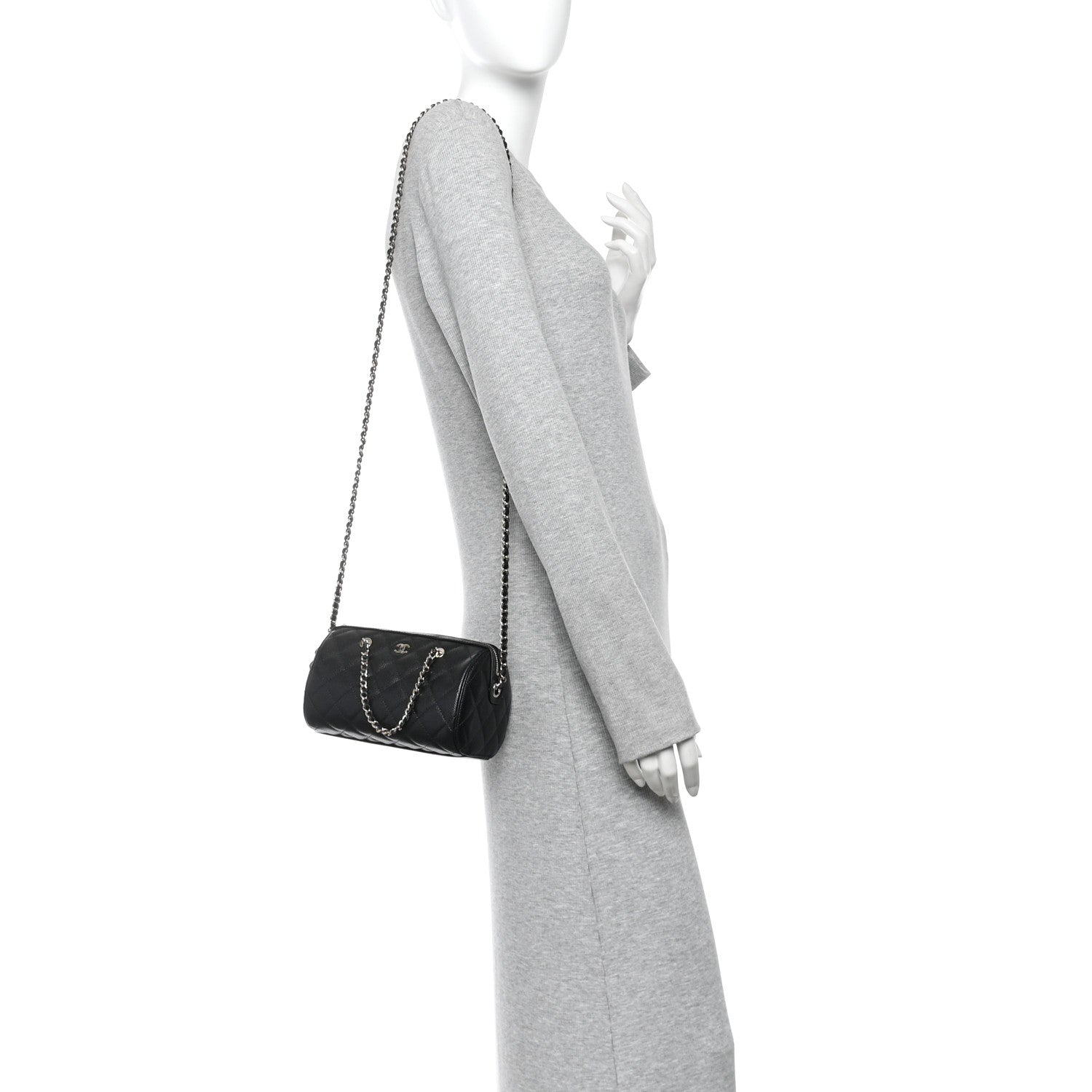 Caviar Quilted Barrel Clutch With Chain  Black