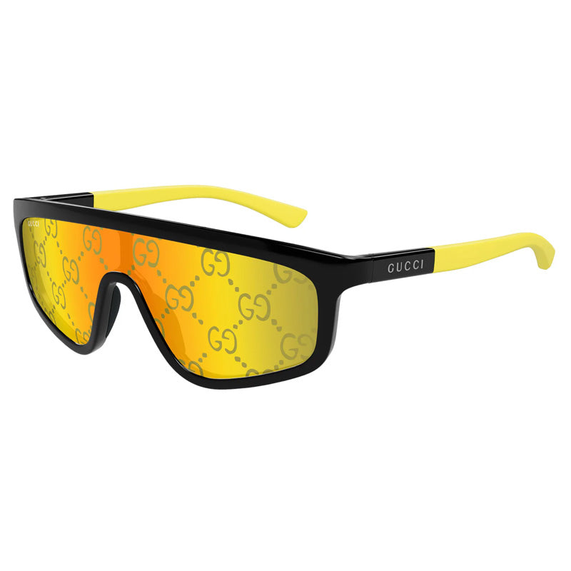 Gucci Sunglasses Shield Full Rim, Black/Yellow Frame and Yellow/Yellow with GG Pattern Mirror Lens GG1736S004
