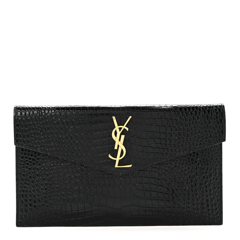 Calfskin Crocodile Embossed Uptown Monogram Clutch Black