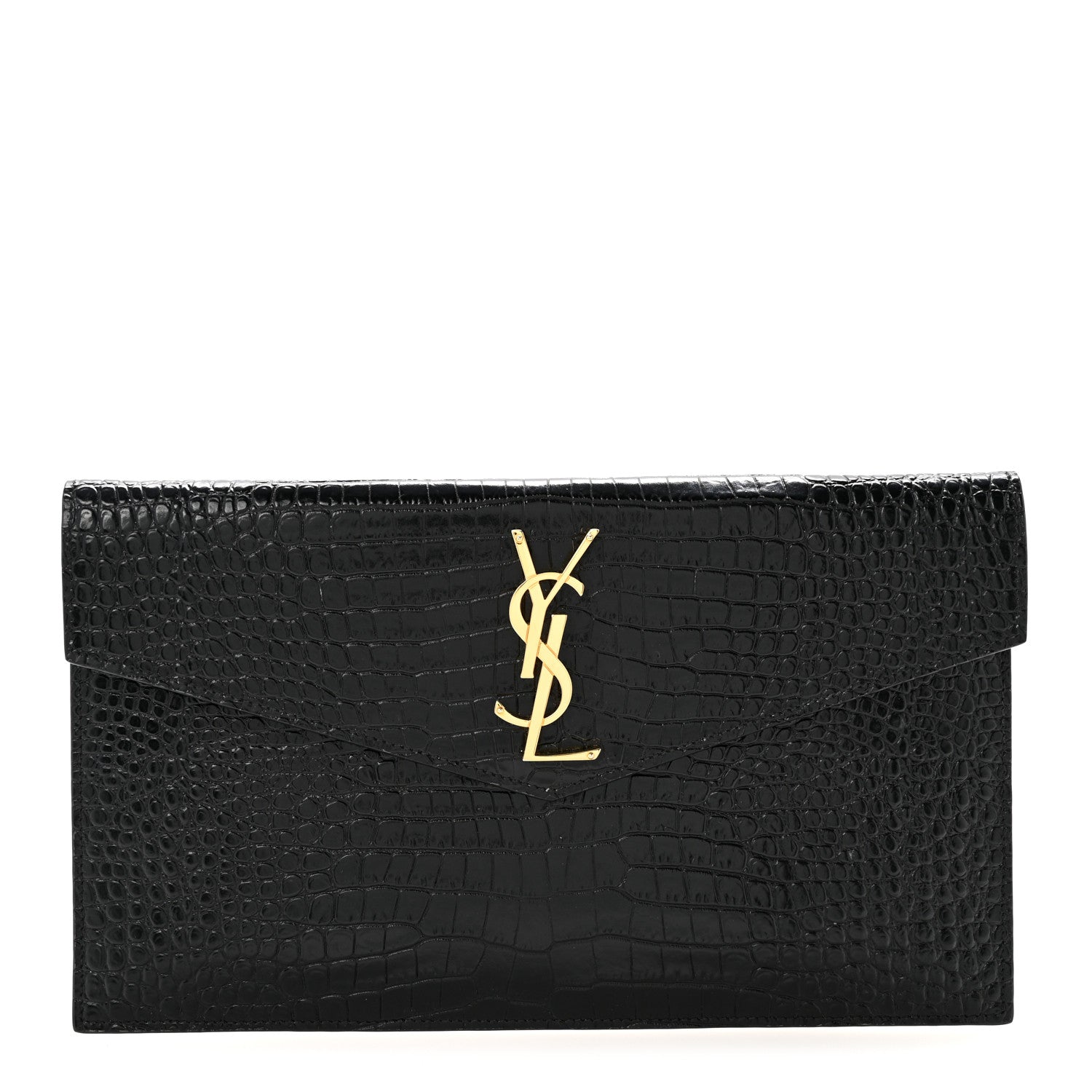 Calfskin Crocodile Embossed Uptown Monogram Clutch Black