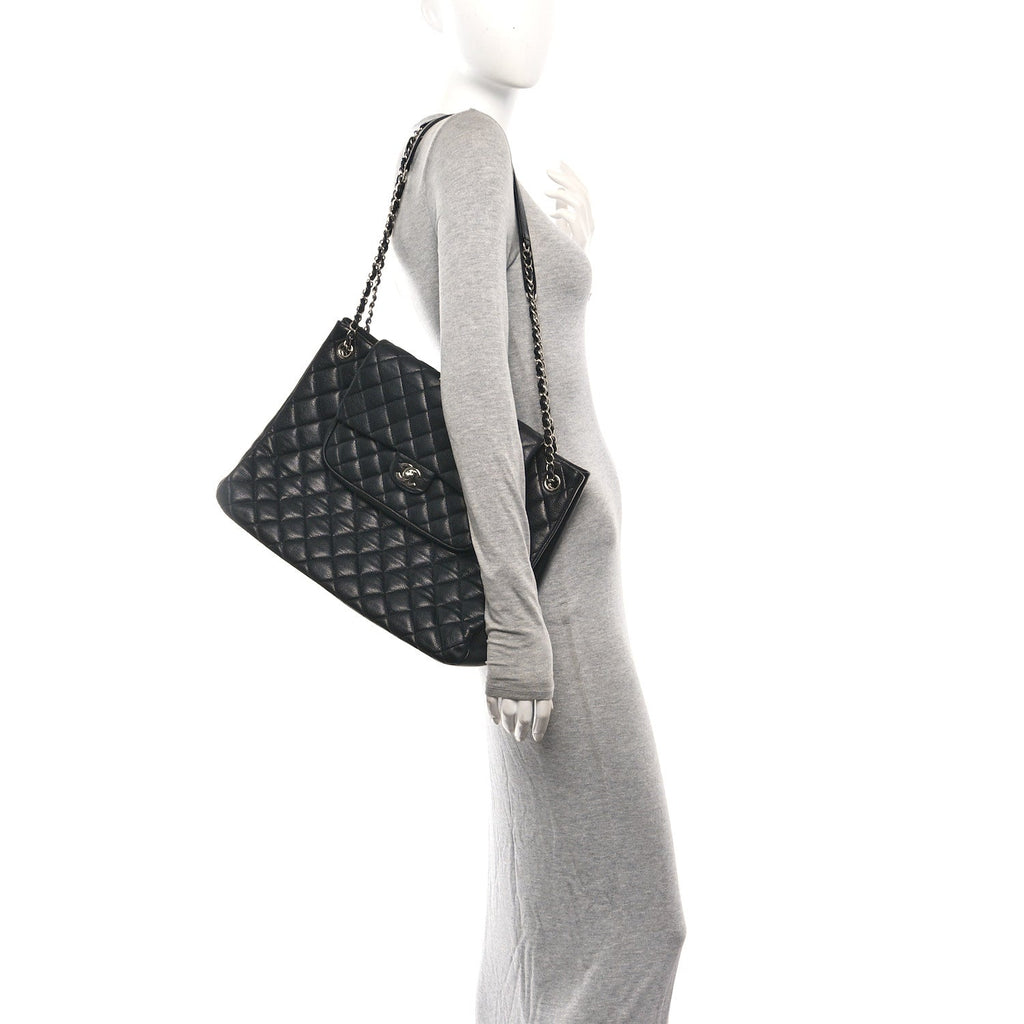 Caviar Quilted Flap Tote Black