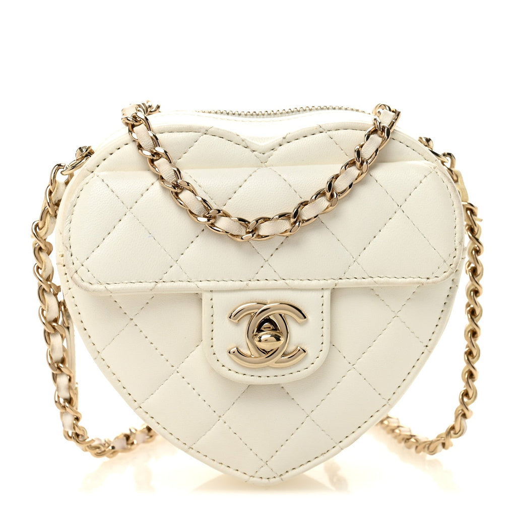 Lambskin Quilted CC In Love Heart Clutch With Chain White