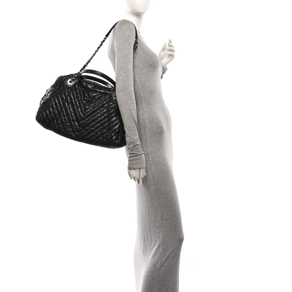 Aged Calfskin Chevron Large Soft Bowling Bag Black