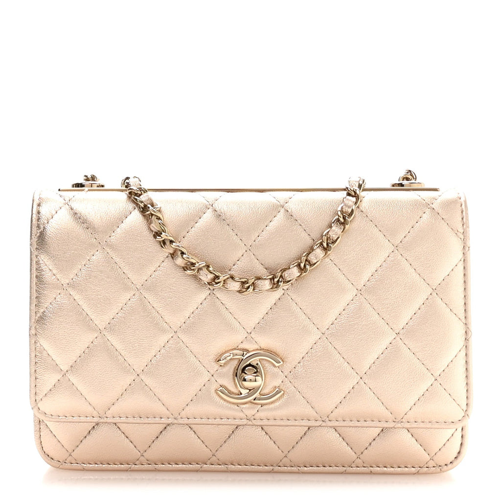 Metallic Lambskin Quilted Trendy CC Wallet On Chain WOC Gold
