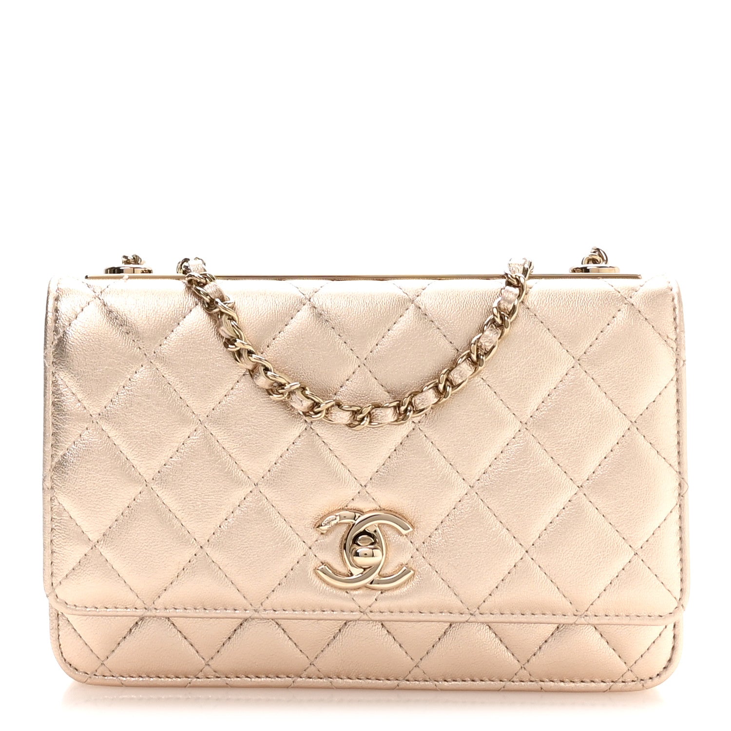 Metallic Lambskin Quilted Trendy CC Wallet On Chain WOC Gold