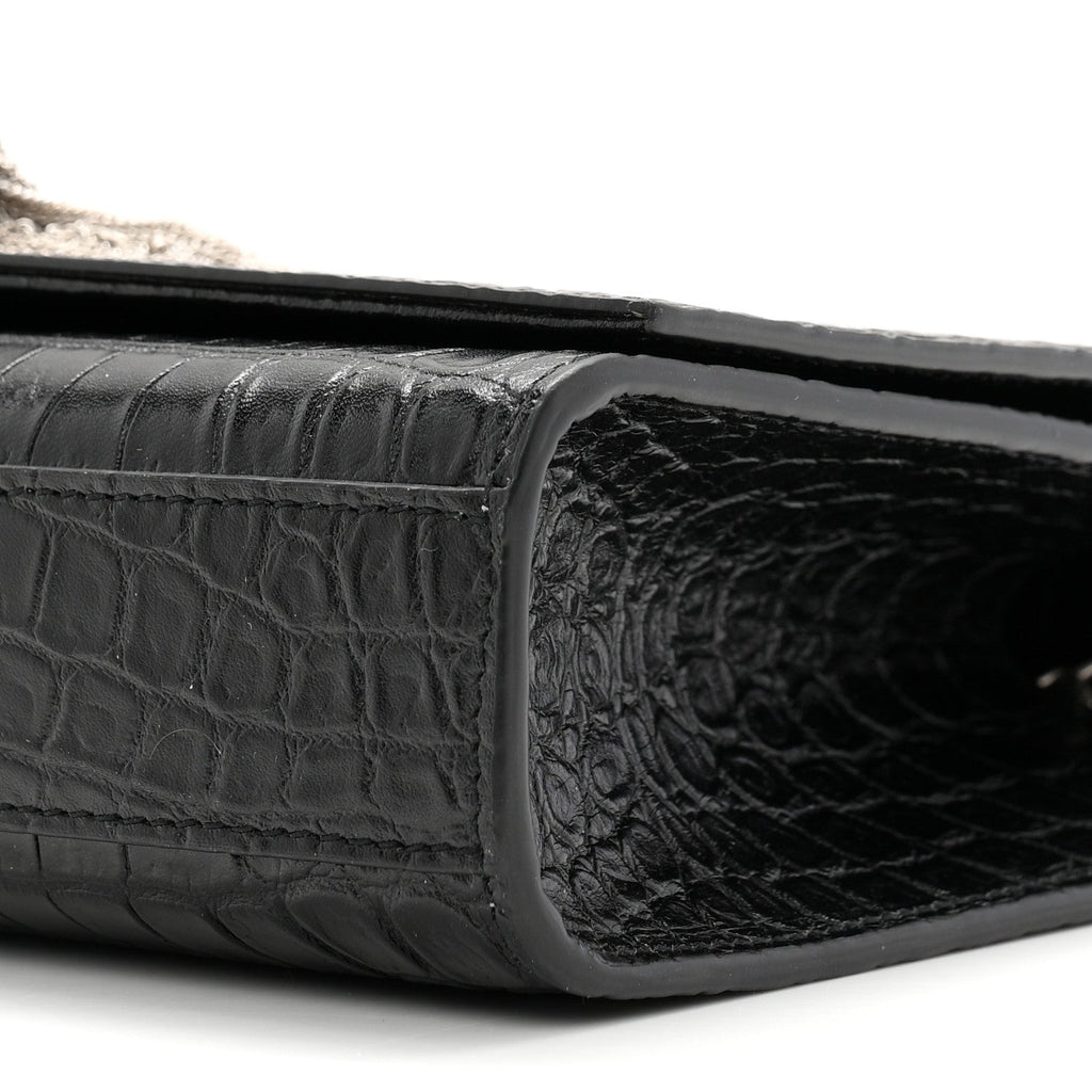 Calfskin Crocodile Embossed Medium Classic Monogram Kate Tassel Satchel Black