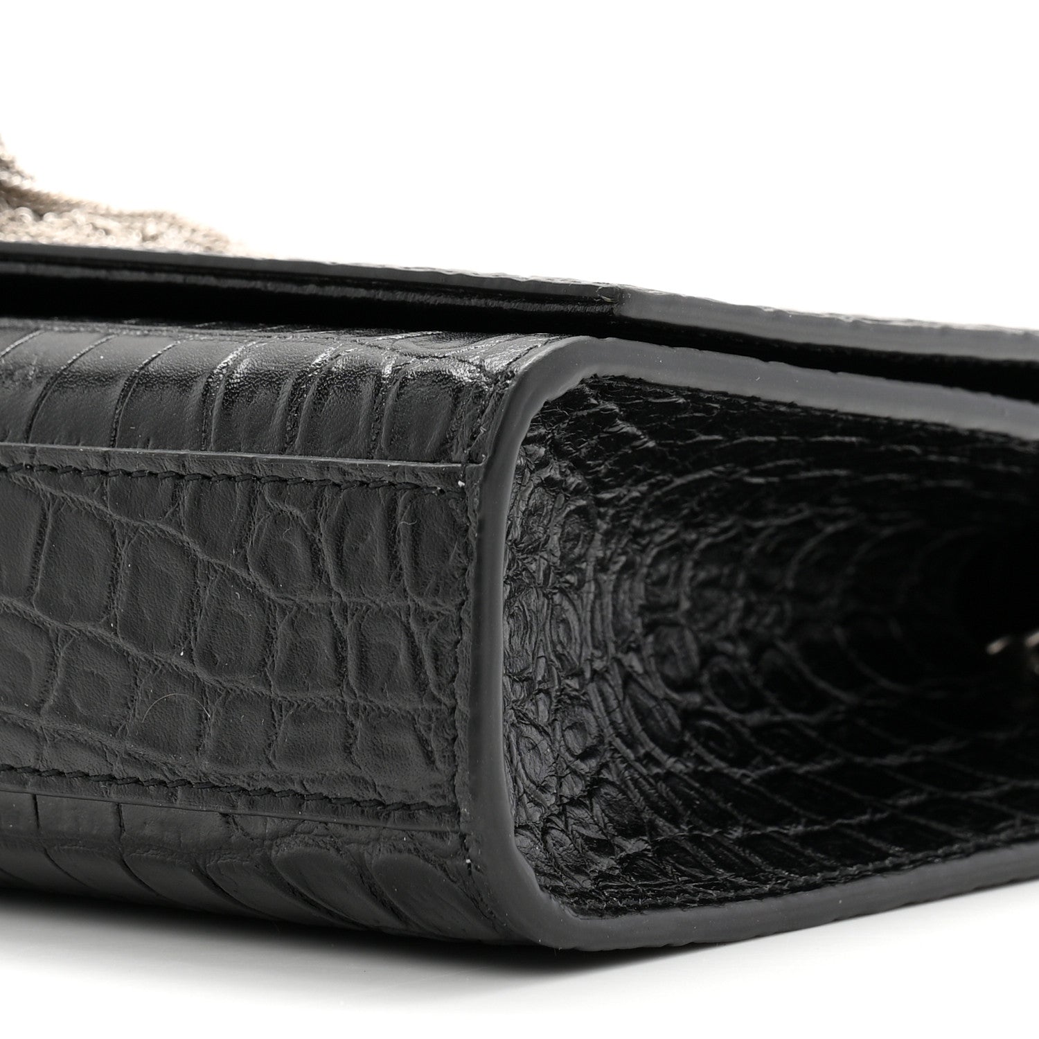 Calfskin Crocodile Embossed Medium Classic Monogram Kate Tassel Satchel Black