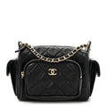 Shiny Crumpled Lambskin Quilted Small Preppy Pocket Camera Case Black