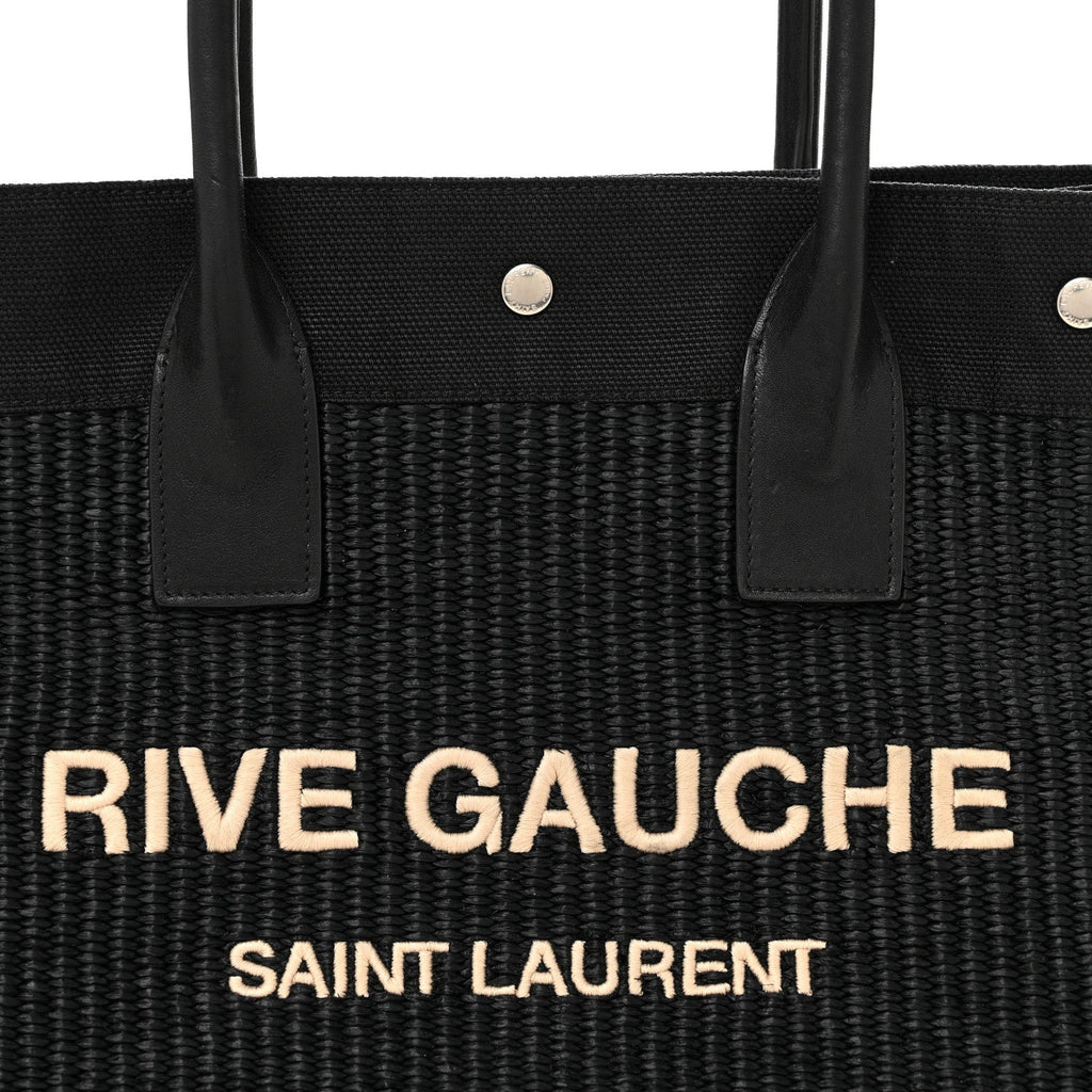 Raffia Linen Calfskin Small Rive Gauche Tote Black