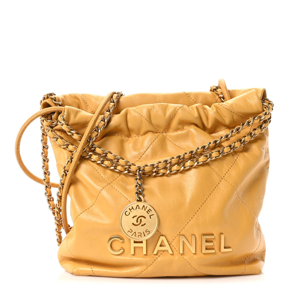 Shiny Calfskin Quilted Mini Chanel 22 Yellow